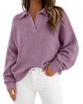 Lazysmile Women's Oversized Polo V Neck Knit Sweater Fall Outfits