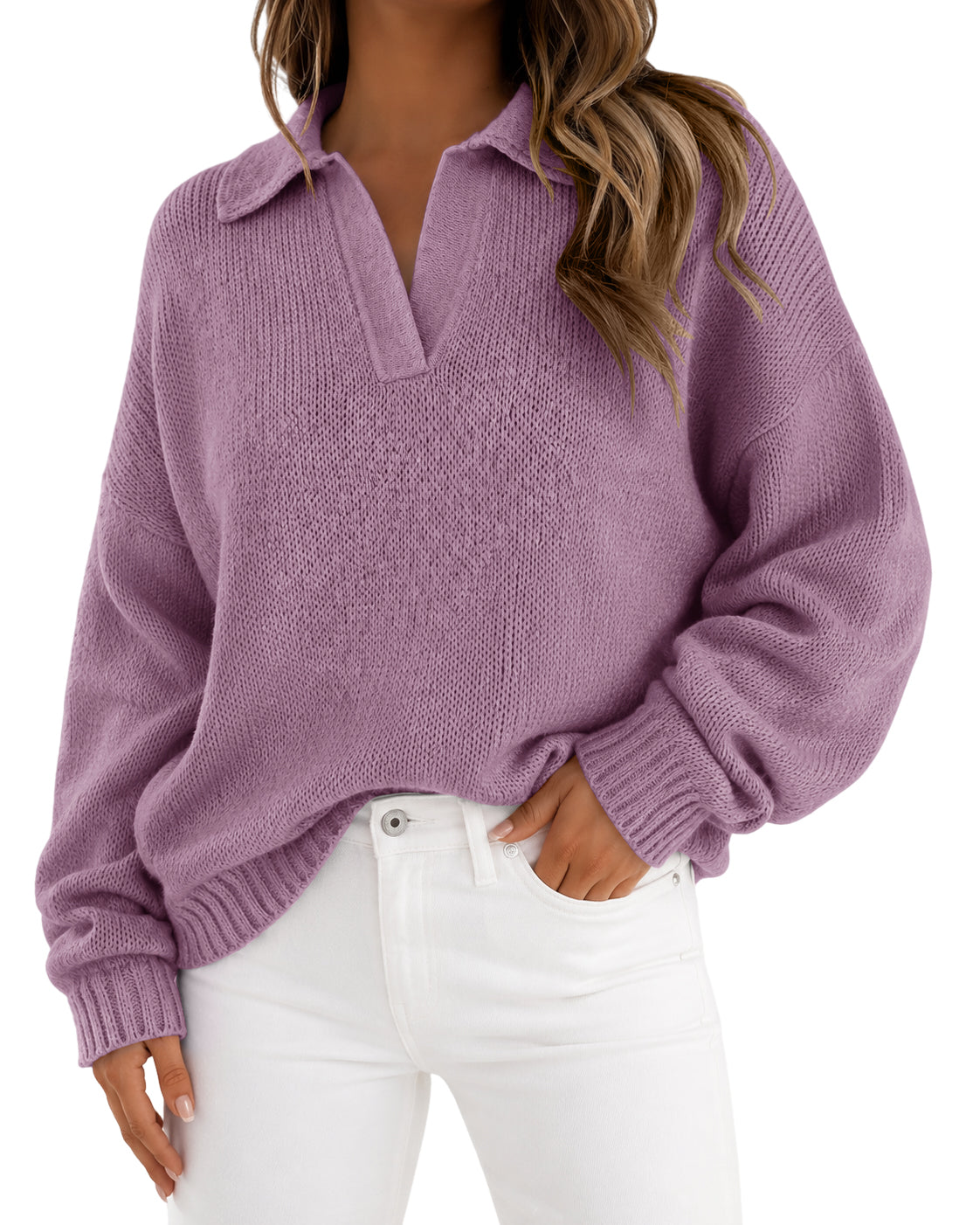 Lazysmile Women's Oversized Polo V Neck Knit Sweater Fall Outfits