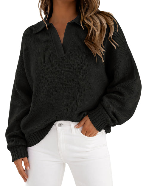 Lazysmile Women's Oversized Polo V Neck Knit Sweater Fall Outfits