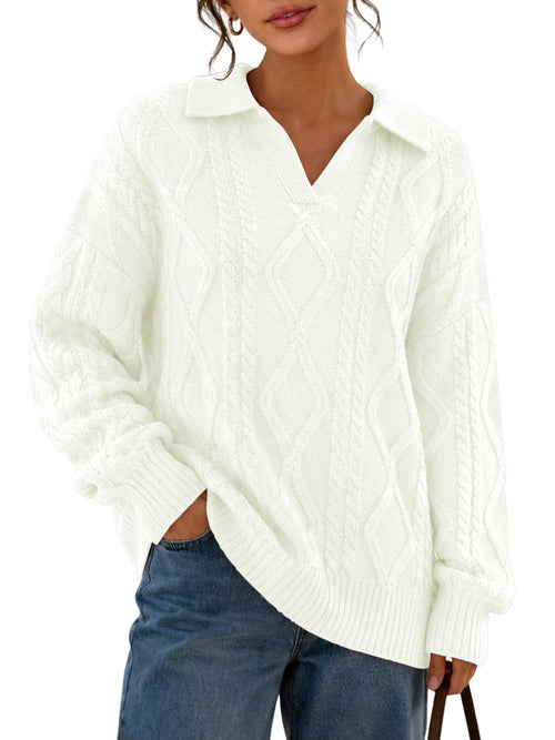 Lazysmile Women's Oversized Cable Knit Polo V Neck Fall Sweaters