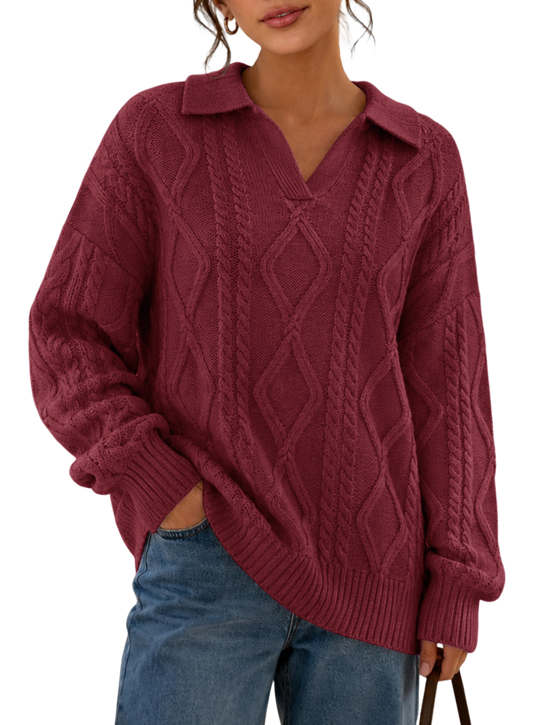 Lazysmile Women's Oversized Cable Knit Polo V Neck Fall Sweaters